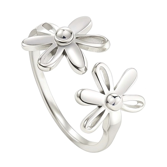 MoonFlowerBtq Jewelry - Daisy Flower Open Ring | Adjustable Double Floral Band | Boho Stacking Jewelry